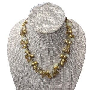 Gold Clear Iridescent Beaded Cluster Necklace